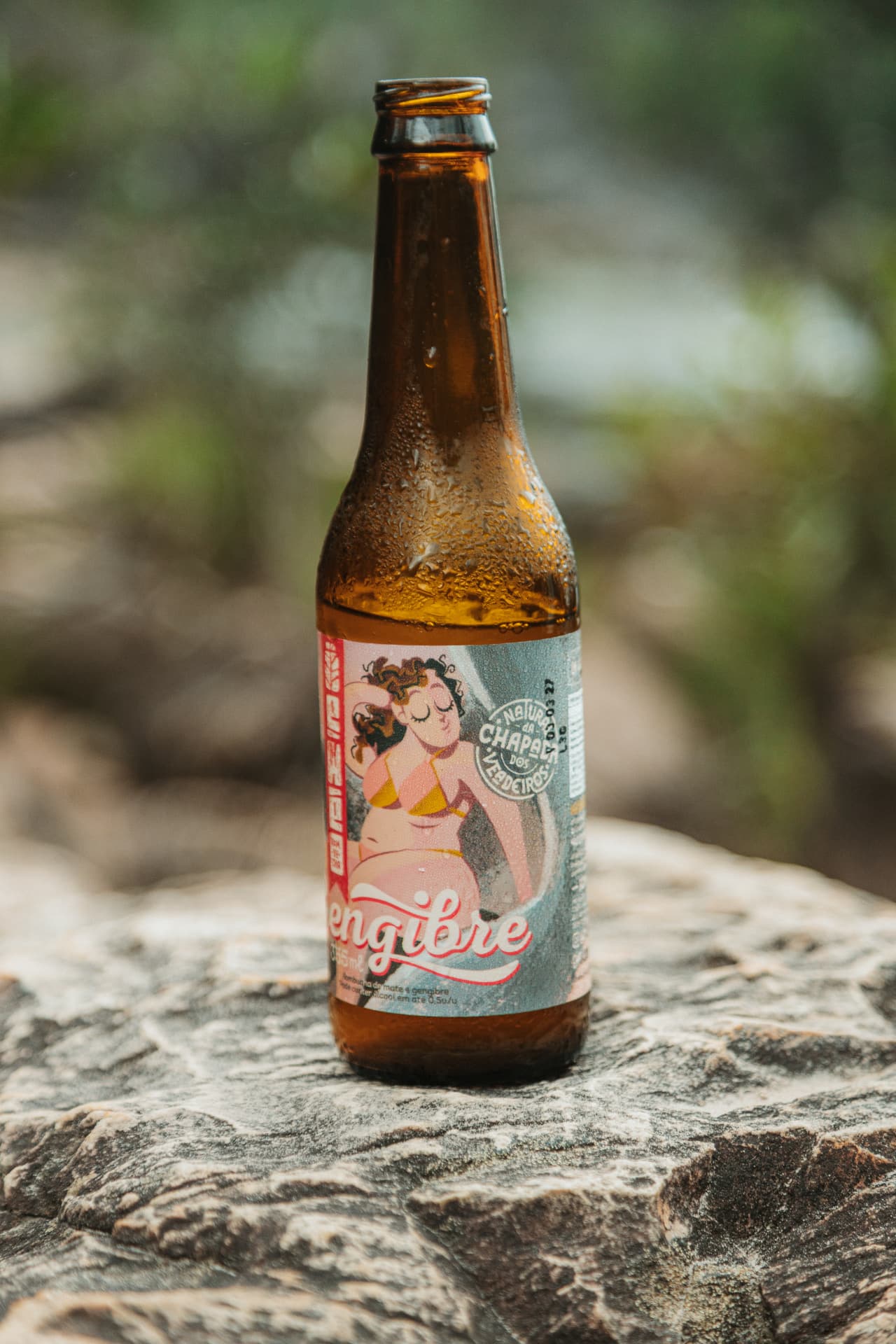 Garrafa de EWE Kombucha Maçã sobre pedra do Cerrado